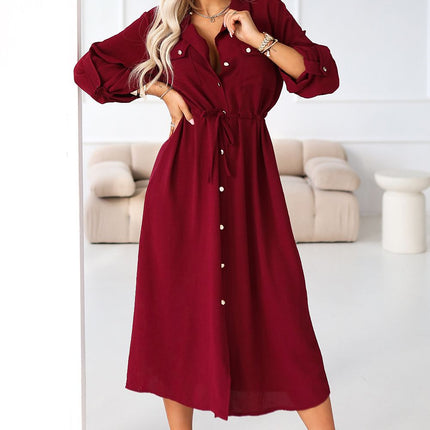 Burgundy Midi Shirt Dress For Confidence And Elegant Workwear - Très Elite