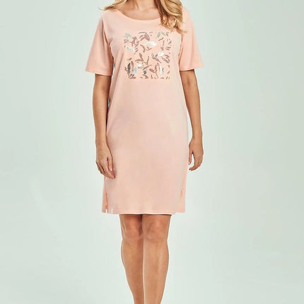 Women Nightshirt Printed Knee Length Relaxed Fit Round Neck Short Sleeve - Très Elite