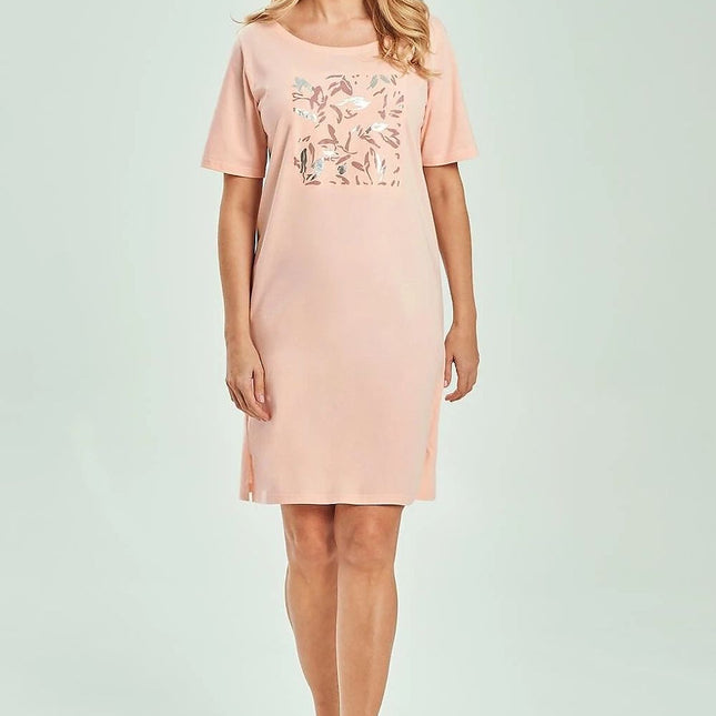 Women Nightshirt Printed Knee Length Relaxed Fit Round Neck Short Sleeve - Très Elite