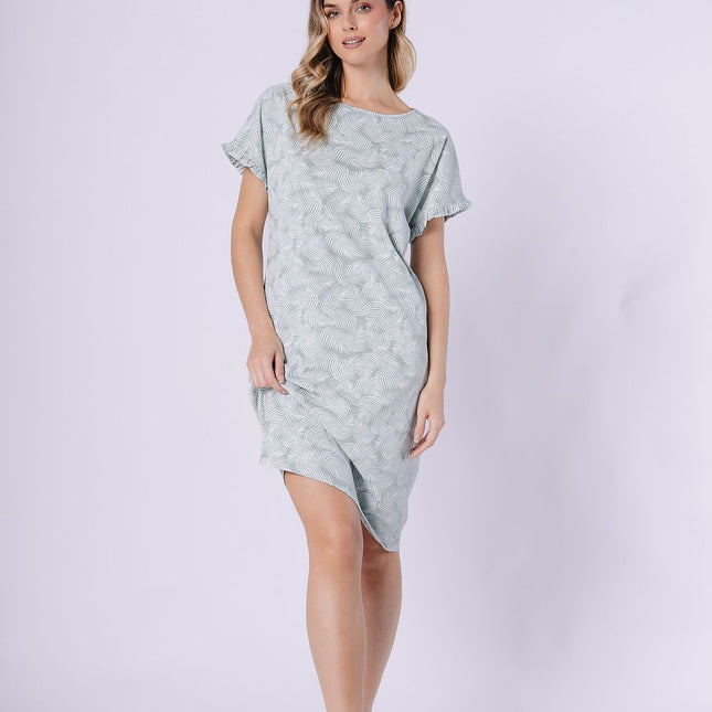 Ruffle Sleeve Nightshirt With Round Neckline Print In Soft Breathable Fabric - Très Elite