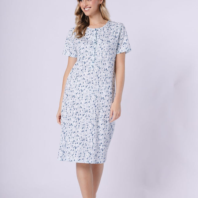 Printed Nightgown With Round Neckline Short Sleeves Loose Fit Breathable Fabric - Très Elite