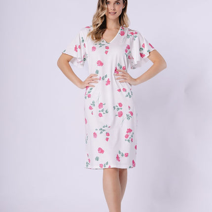 V Neck Nightshirt With Printed Pattern Soft Breathable Loose Fit Short Sleeves - Très Elite