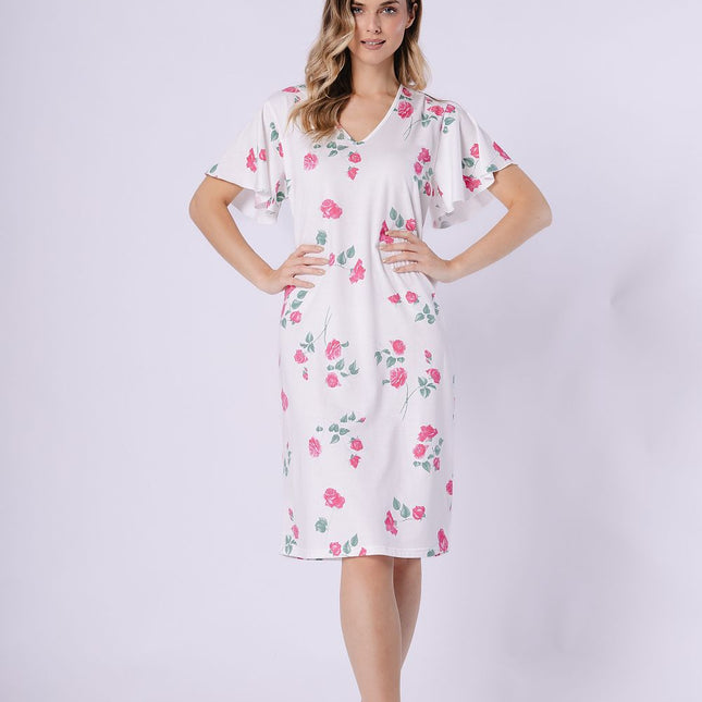 V Neck Nightshirt With Printed Pattern Soft Breathable Loose Fit Short Sleeves - Très Elite