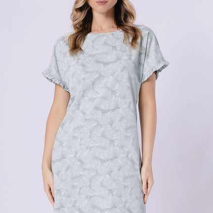Ruffle Sleeve Nightshirt With Round Neckline Print In Soft Breathable Fabric - Très Elite