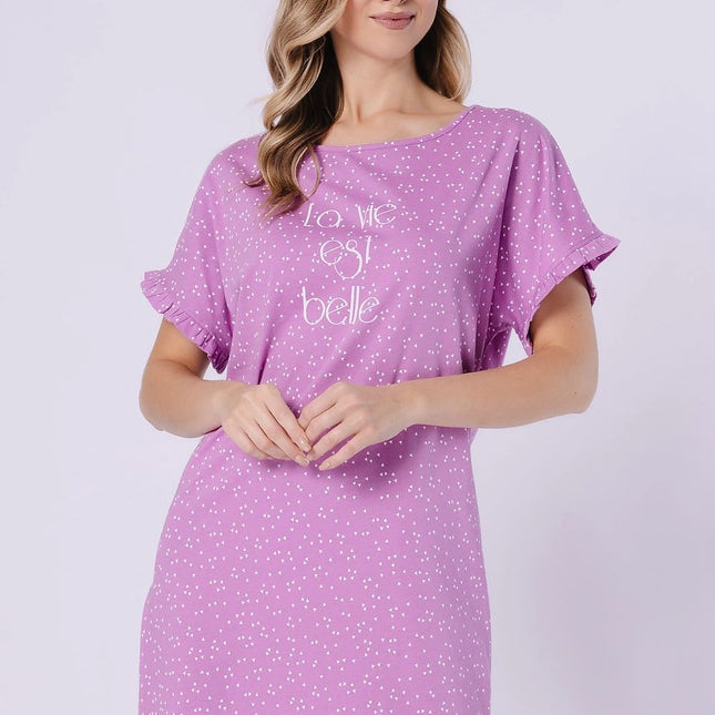 Nightshirt With Frill Sleeves Round Neck Loose Fit Breathable Print - Très Elite