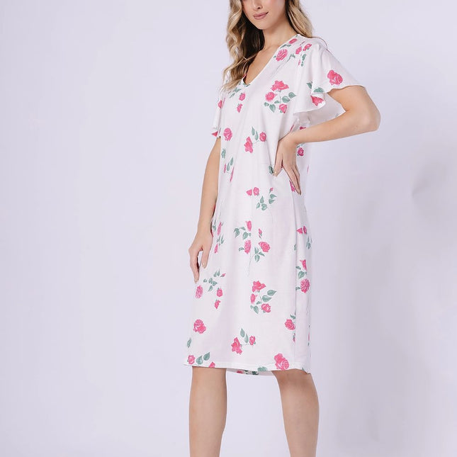 V Neck Nightshirt With Printed Pattern Soft Breathable Loose Fit Short Sleeves - Très Elite