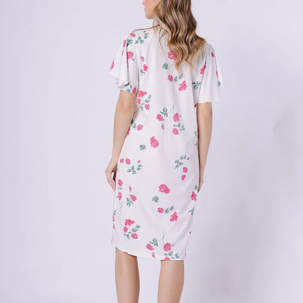 V Neck Nightshirt With Printed Pattern Soft Breathable Loose Fit Short Sleeves - Très Elite