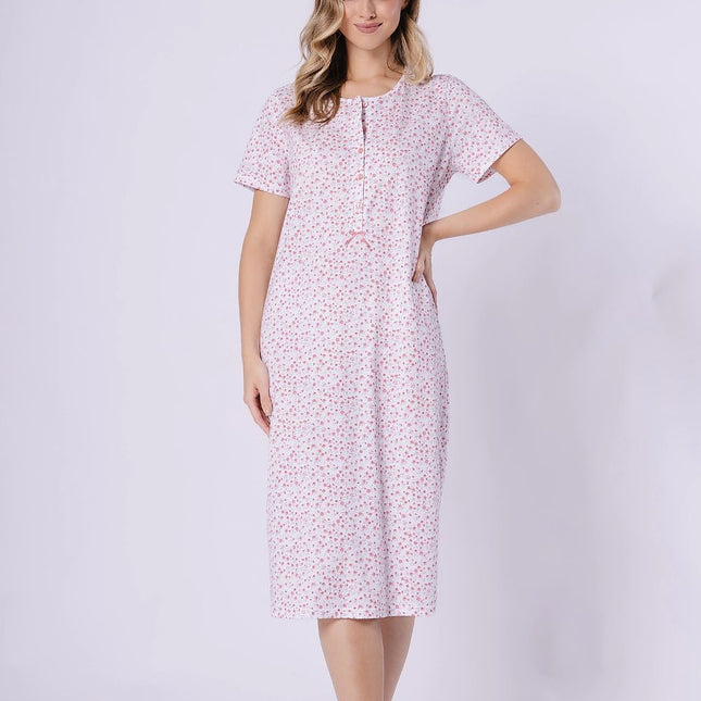 Knee Length Nightshirt With Round Neckline Short Sleeves Breathable Print - Très Elite