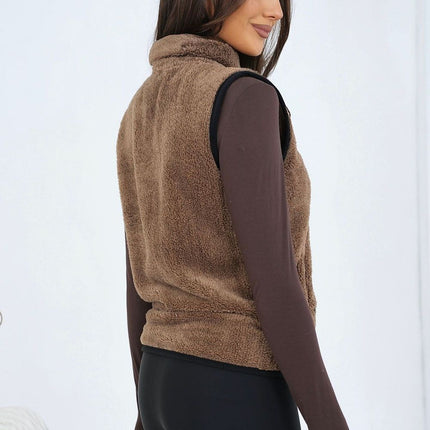 Women Furry Polyester Vest With Zipper Pockets Stand Up Collar Casual - Très Elite