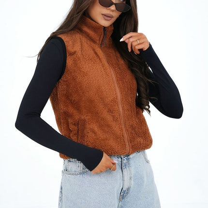Women Furry Polyester Vest With Zipper Pockets Stand Up Collar Casual - Très Elite