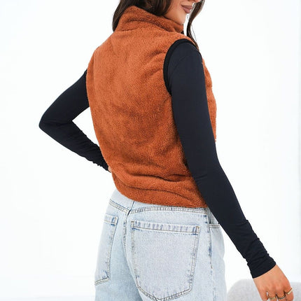 Women Furry Polyester Vest With Zipper Pockets Stand Up Collar Casual - Très Elite