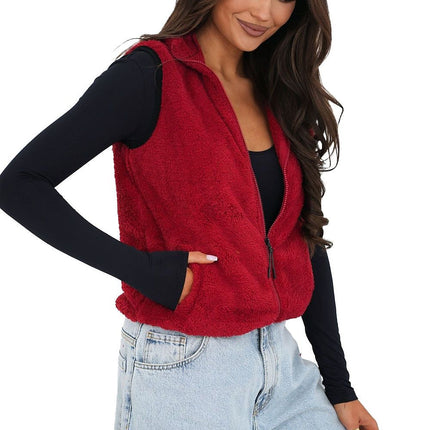 Women Furry Polyester Vest With Zipper Pockets Stand Up Collar Casual - Très Elite