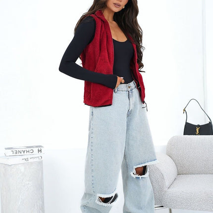 Women Furry Polyester Vest With Zipper Pockets Stand Up Collar Casual - Très Elite