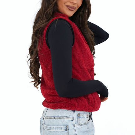 Women Furry Polyester Vest With Zipper Pockets Stand Up Collar Casual - Très Elite