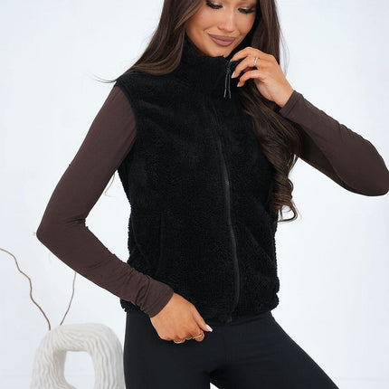 Women Furry Polyester Vest With Zipper Pockets Stand Up Collar Casual - Très Elite