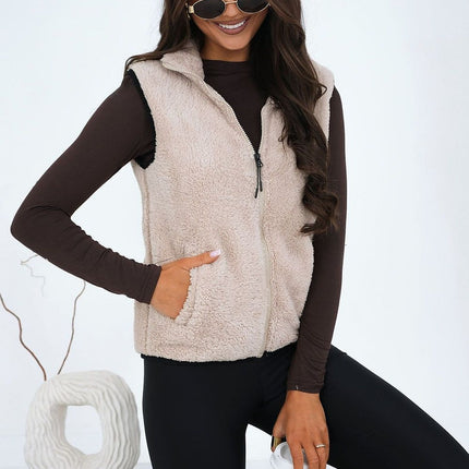 Women Furry Polyester Vest With Zipper Pockets Stand Up Collar Casual - Très Elite