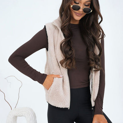 Women Furry Polyester Vest With Zipper Pockets Stand Up Collar Casual - Très Elite