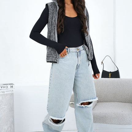 Women Furry Polyester Vest With Zipper Pockets Stand Up Collar Casual - Très Elite