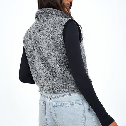 Women Furry Polyester Vest With Zipper Pockets Stand Up Collar Casual - Très Elite