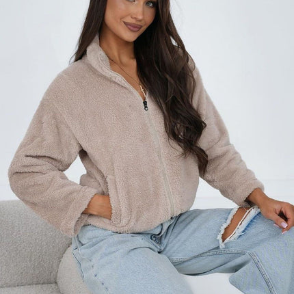 Womens Teddy Fleece Polyester Sweatshirt With Stand Up Collar And Long Sleeves - Très Elite