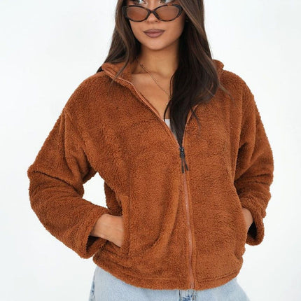 Womens Teddy Fleece Polyester Sweatshirt With Stand Up Collar And Long Sleeves - Très Elite