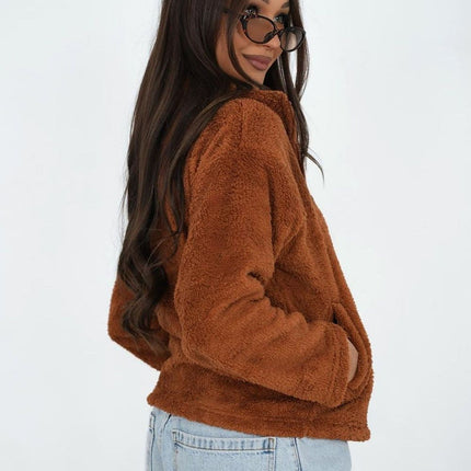 Womens Teddy Fleece Polyester Sweatshirt With Stand Up Collar And Long Sleeves - Très Elite