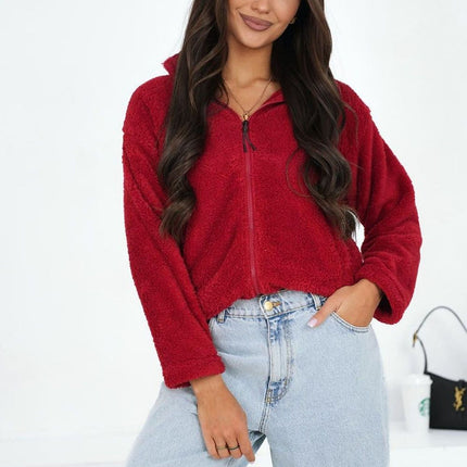 Womens Teddy Fleece Polyester Sweatshirt With Stand Up Collar And Long Sleeves - Très Elite