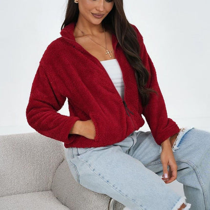Womens Teddy Fleece Polyester Sweatshirt With Stand Up Collar And Long Sleeves - Très Elite
