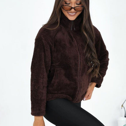 Womens Teddy Fleece Polyester Sweatshirt With Stand Up Collar And Long Sleeves - Très Elite