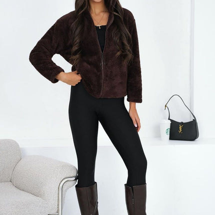 Womens Teddy Fleece Polyester Sweatshirt With Stand Up Collar And Long Sleeves - Très Elite