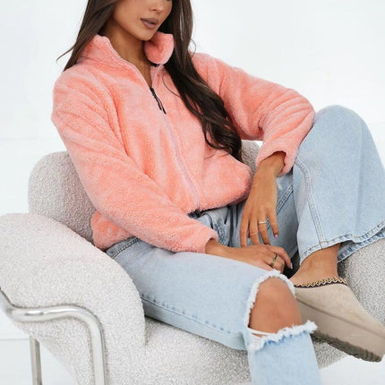 Womens Teddy Fleece Polyester Sweatshirt With Stand Up Collar And Long Sleeves - Très Elite