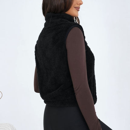 Women Furry Polyester Vest With Zipper Pockets Stand Up Collar Casual - Très Elite
