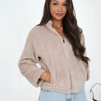 Womens Teddy Fleece Polyester Sweatshirt With Stand Up Collar And Long Sleeves - Très Elite