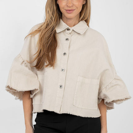 Women's Cropped Denim Jacket With Frayed Hem For Spring Summer - Très Elite