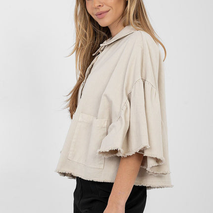 Women's Cropped Denim Jacket With Frayed Hem For Spring Summer - Très Elite
