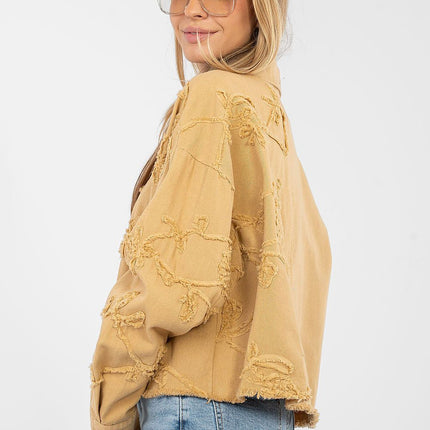Womens Denim Jacket Short Cotton Casual With Frayed Hem Button Front - Très Elite