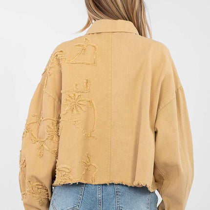 Womens Denim Jacket Short Cotton Casual With Frayed Hem Button Front - Très Elite