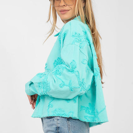 Womens Denim Jacket Short Cotton Casual With Frayed Hem Button Front - Très Elite