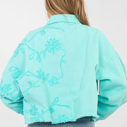 Womens Denim Jacket Short Cotton Casual With Frayed Hem Button Front - Très Elite