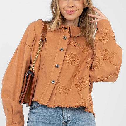 Womens Denim Jacket Short Cotton Casual With Frayed Hem Button Front - Très Elite