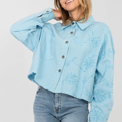 Womens Denim Jacket Short Cotton Casual With Frayed Hem Button Front - Très Elite