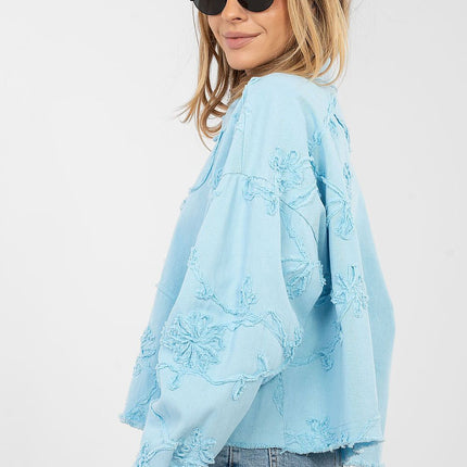 Womens Denim Jacket Short Cotton Casual With Frayed Hem Button Front - Très Elite