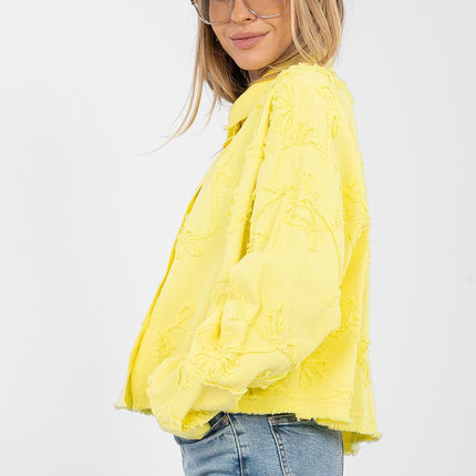 Womens Denim Jacket Short Cotton Casual With Frayed Hem Button Front - Très Elite