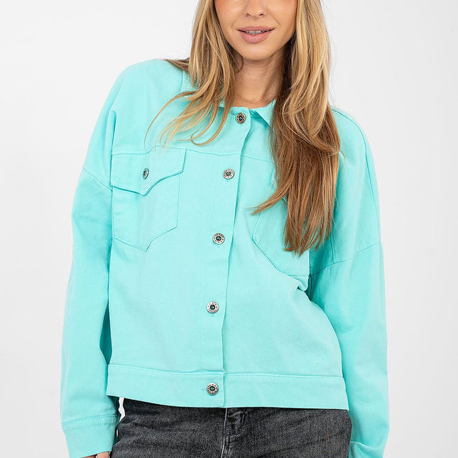 Casual Women's Denim Jacket Button Up With Classic Collar Long Sleeves - Très Elite