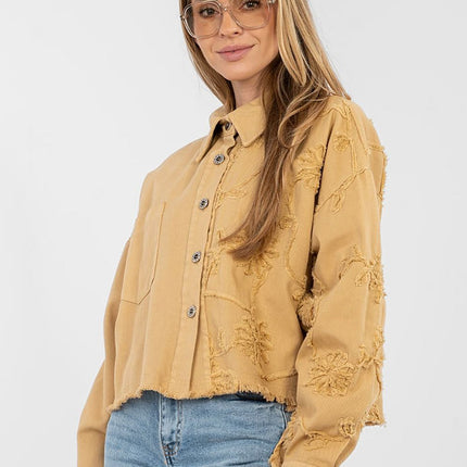 Womens Denim Jacket Short Cotton Casual With Frayed Hem Button Front - Très Elite