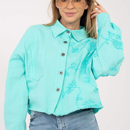 Womens Denim Jacket Short Cotton Casual With Frayed Hem Button Front - Très Elite