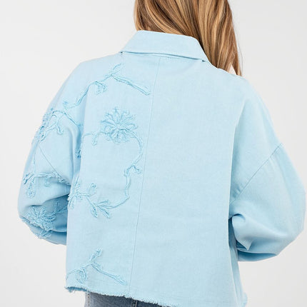 Womens Denim Jacket Short Cotton Casual With Frayed Hem Button Front - Très Elite