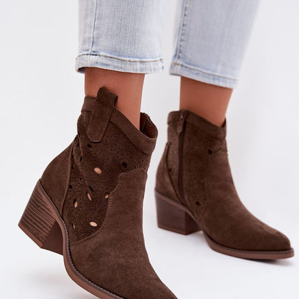 Cowgirl Ankle Boots With Lace Pattern Faux Suede Almond Toe - Très Elite