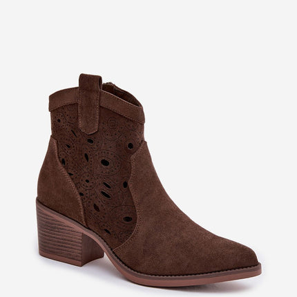 Cowgirl Ankle Boots With Lace Pattern Faux Suede Almond Toe - Très Elite
