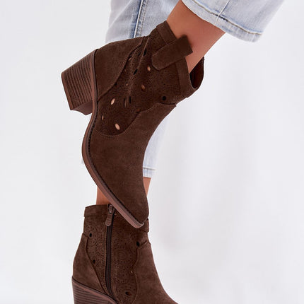Cowgirl Ankle Boots With Lace Pattern Faux Suede Almond Toe - Très Elite
